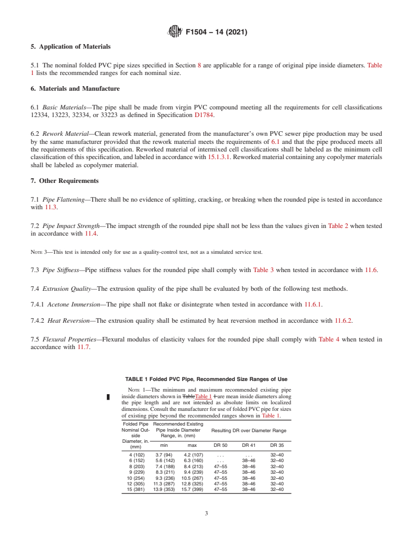 REDLINE ASTM F1504-14(2021) - Standard Specification for  Folded Poly(Vinyl Chloride) (PVC) Pipe for Existing Sewer and   Conduit Rehabilitation