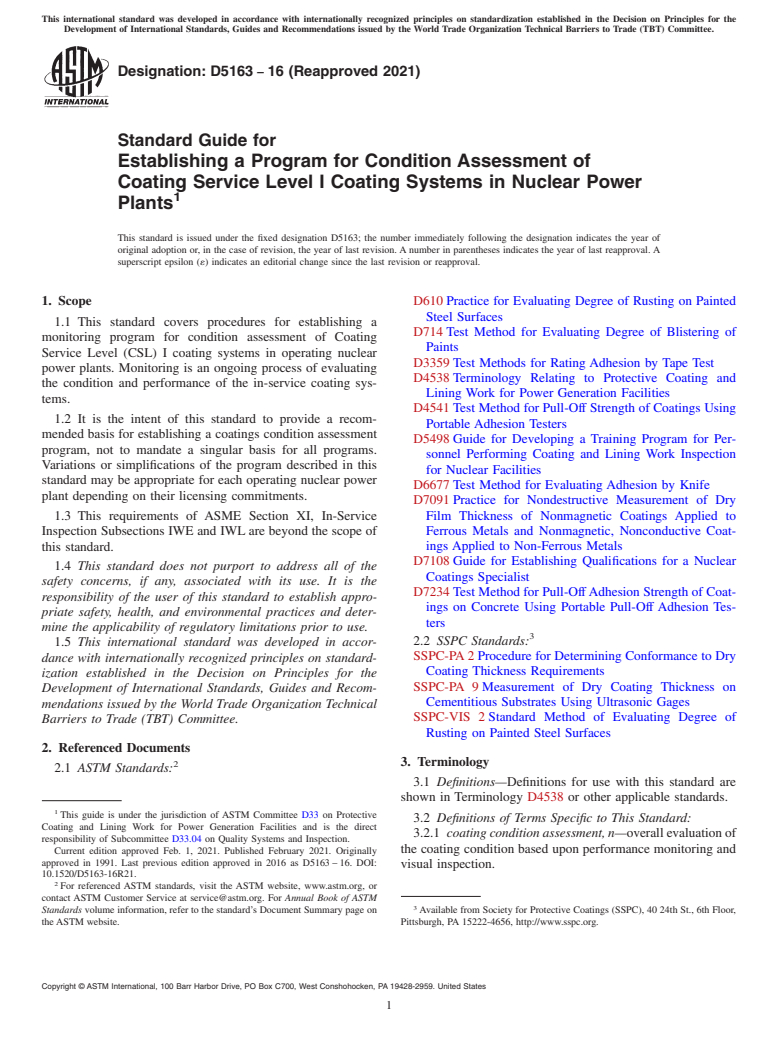 ASTM D5163-16(2021) - Standard Guide for Establishing a Program for Condition Assessment of Coating  Service        Level I Coating Systems in Nuclear Power Plants