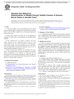 ASTM D5200-03(2021) ASTM D5200-03(2021) - Standard Test Method for Determination of Weight Percent Volatile Content of Solvent-Borne Paints in Aerosol Cans - Page 1 preview