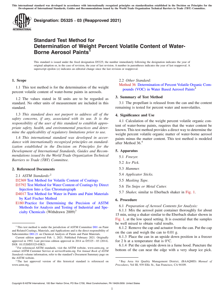 ASTM D5325-03(2021) - Standard Test Method for Determination of Weight Percent Volatile Content of Water-Borne   Aerosol  Paints