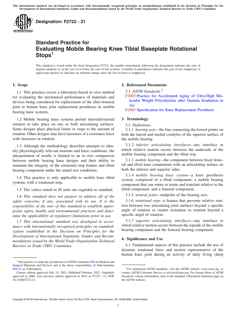 ASTM F2722-21 - Standard Practice for Evaluating Mobile Bearing Knee Tibial Baseplate Rotational  Stops