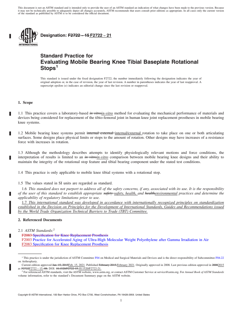 REDLINE ASTM F2722-21 - Standard Practice for Evaluating Mobile Bearing Knee Tibial Baseplate Rotational  Stops