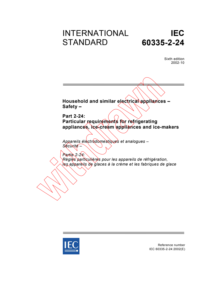 IEC 60335-2-24:2002 - Household and similar electrical appliances - Safety - Part 2-24: Particular requirements for refrigerating appliances, ice-cream appliances and ice-makers
Released:10/29/2002
Isbn:2831866138