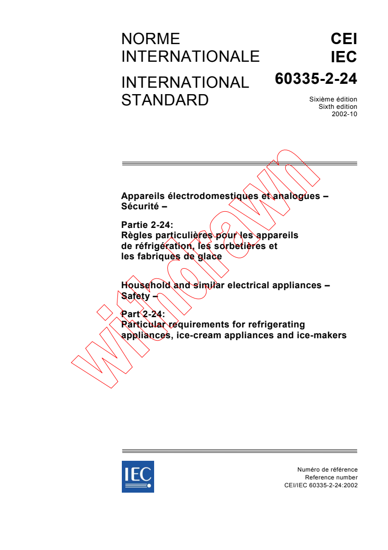 IEC 60335-2-24:2002 - Household and similar electrical appliances - Safety - Part 2-24: Particular requirements for refrigerating appliances, ice-cream appliances and ice-makers
Released:10/29/2002
Isbn:2831889049