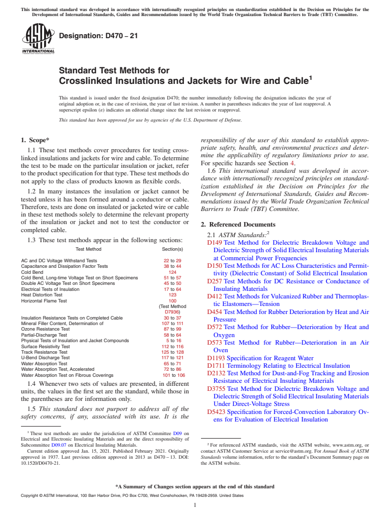 ASTM D470-21 - Standard Test Methods for  Crosslinked Insulations and Jackets for Wire and Cable