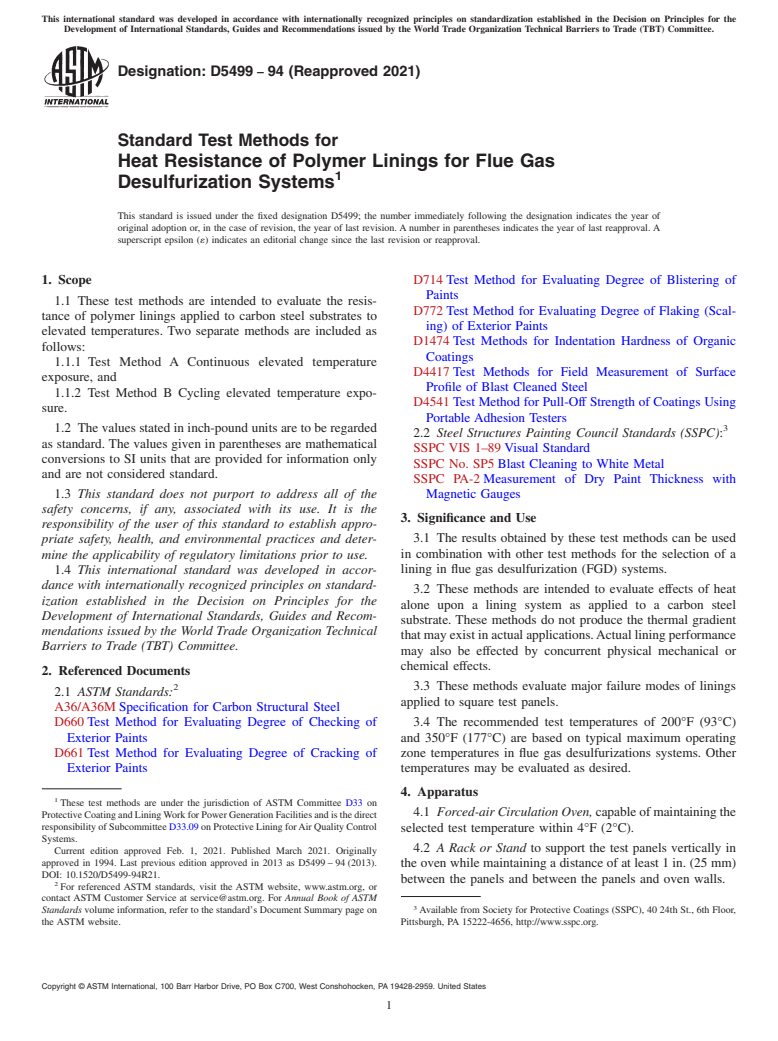 ASTM D5499-94(2021) - Standard Test Methods for Heat Resistance of Polymer Linings for Flue Gas Desulfurization  Systems