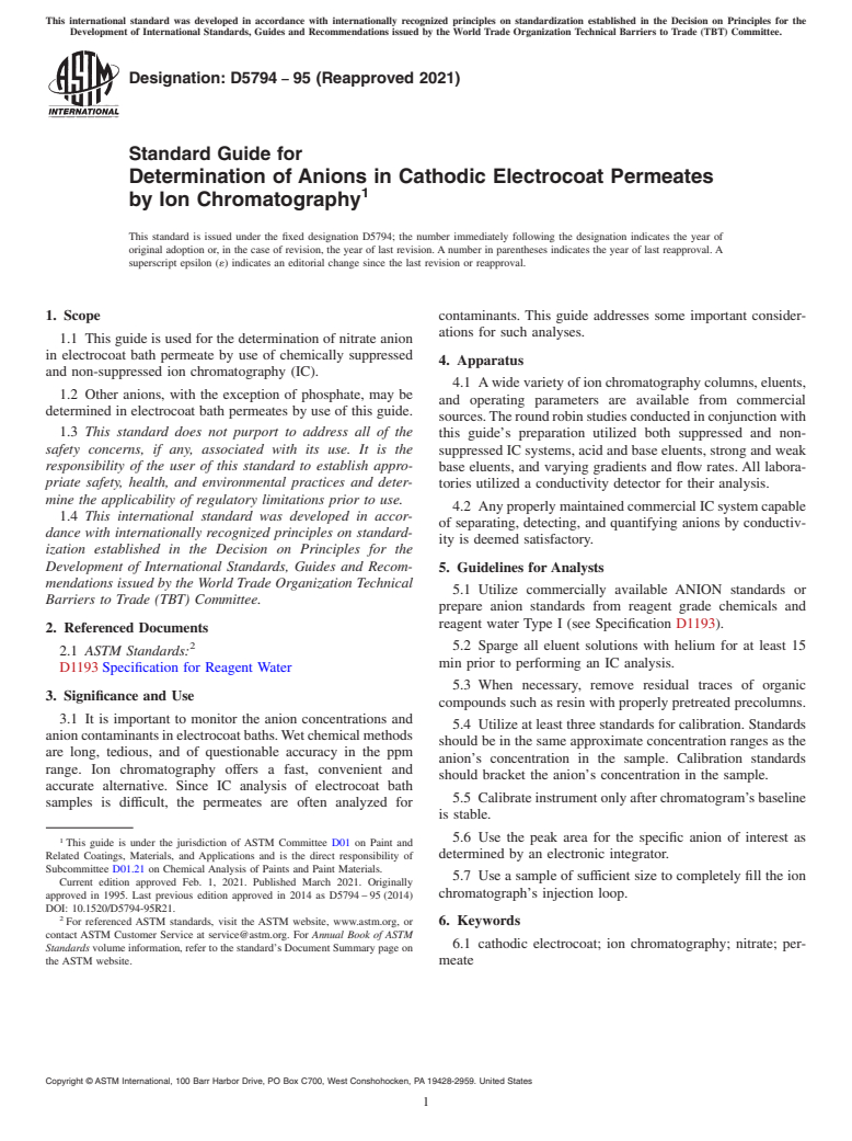 ASTM D5794-95(2021) - Standard Guide for Determination of Anions in Cathodic Electrocoat Permeates by  Ion Chromatography