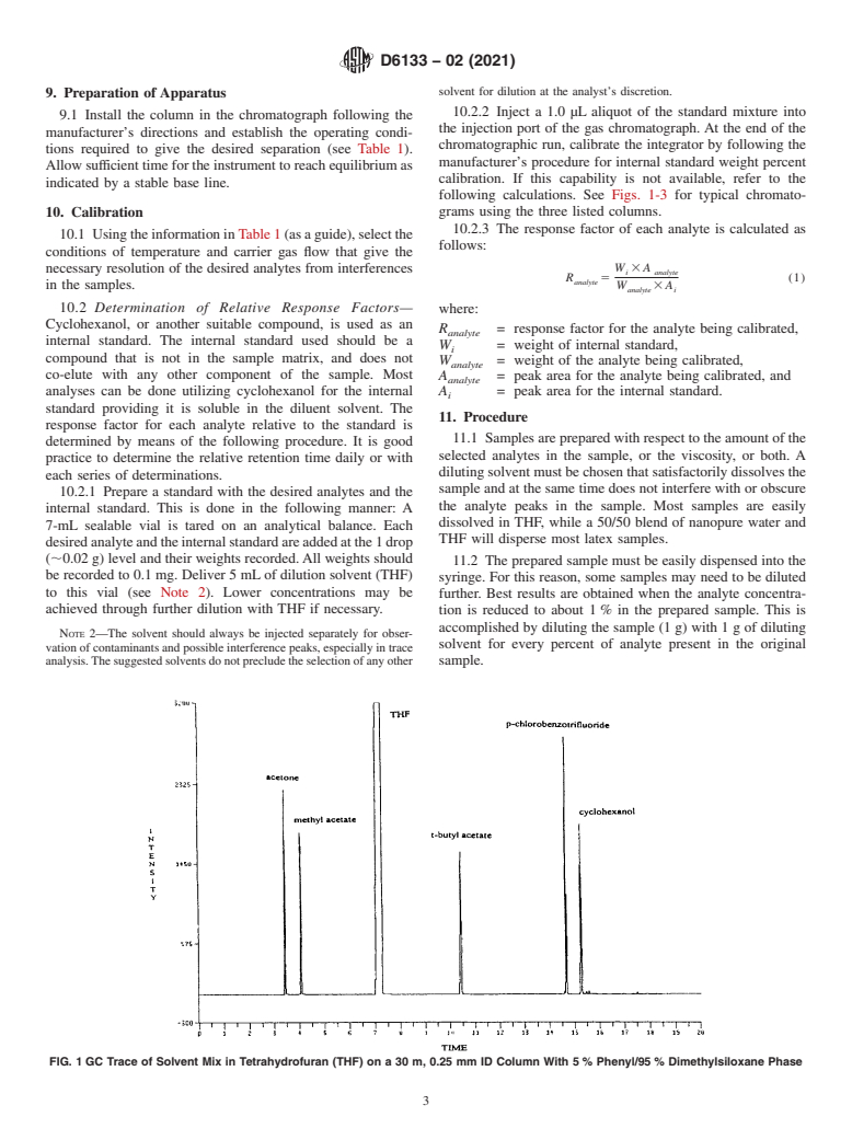 ASTM D6133-02(2021) - Standard Test Method for Acetone, <emph type="ital">p</emph>-Chlorobenzotrifluoride,   Methyl   Acetate or <emph type="ital">t</emph>-Butyl Acetate Content   of Solventborne   and Waterborne Paints, Coatings, Resins, and Raw   Materials by Direct Injection   Into a Gas Chromatograph