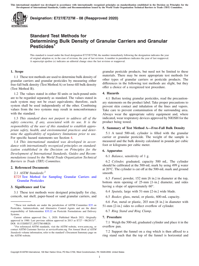 ASTM E727/E727M-08(2020) - Standard Test Methods for  Determining Bulk Density of Granular Carriers and Granular  Pesticides