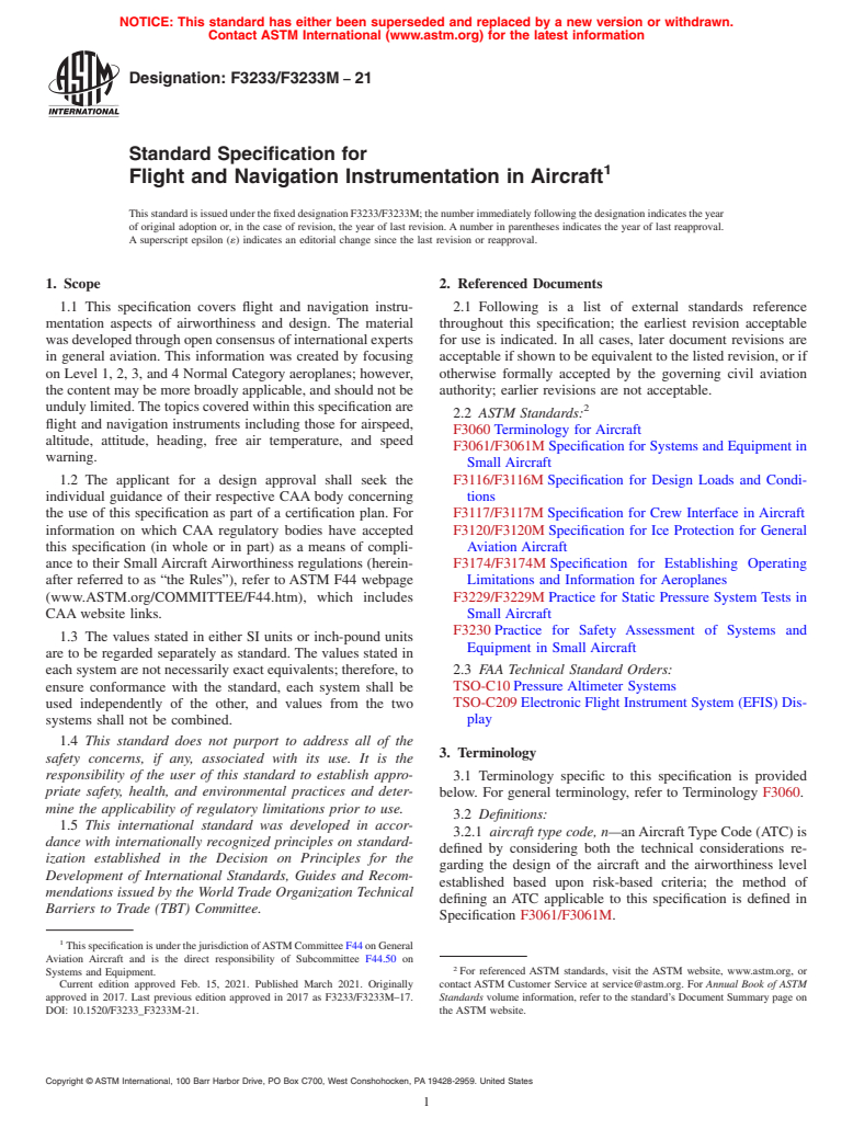 ASTM F3233/F3233M-21 - Standard Specification for Flight and Navigation Instrumentation in Aircraft