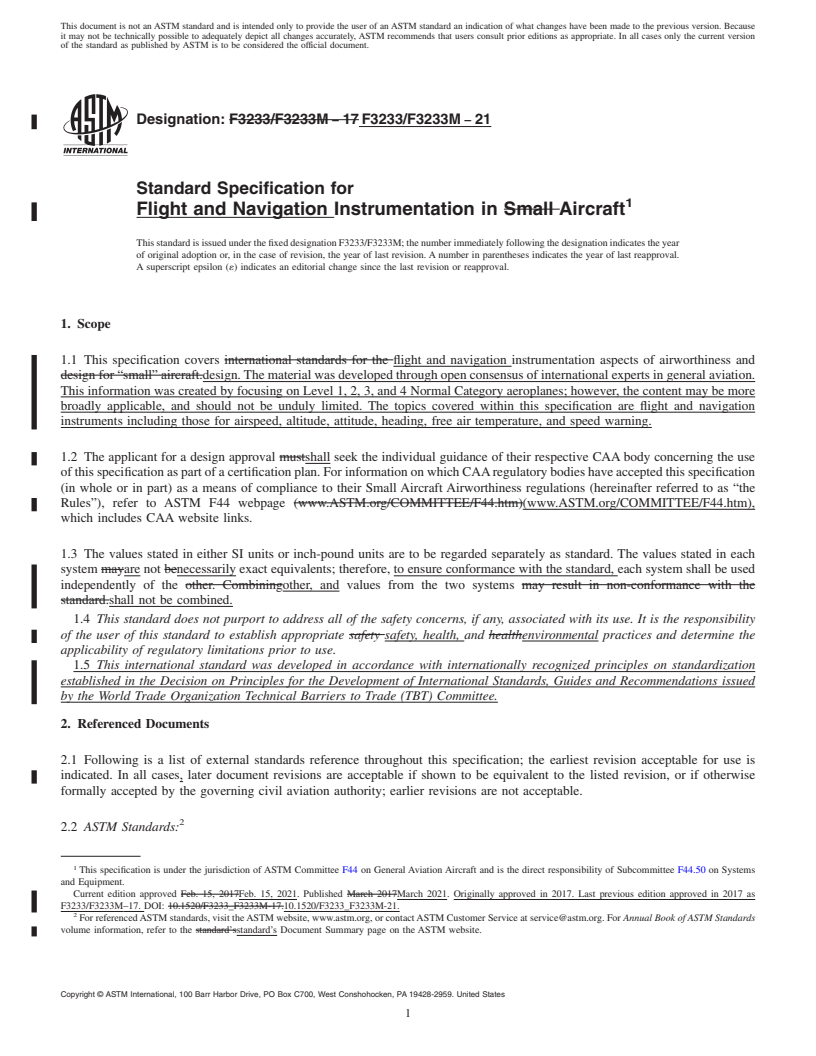 REDLINE ASTM F3233/F3233M-21 - Standard Specification for Flight and Navigation Instrumentation in Aircraft