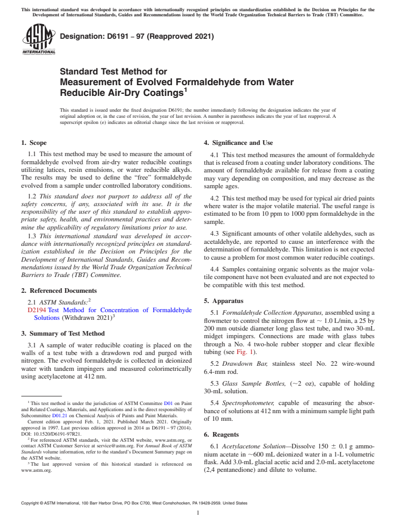 ASTM D6191-97(2021) - Standard Test Method for Measurement of Evolved Formaldehyde from Water Reducible Air-Dry  Coatings