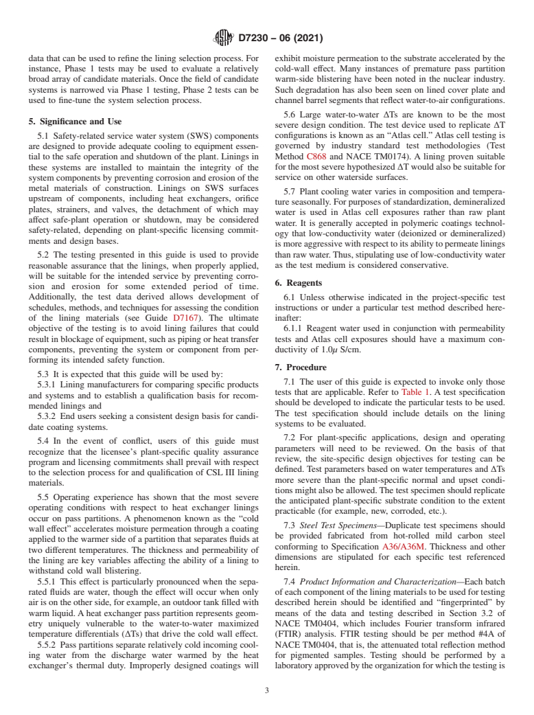 ASTM D7230-06(2021) - Standard Guide for Evaluating Polymeric Lining Systems for Water Immersion in  Coating      Service Level III Safety-Related Applications on Metal  Substrates