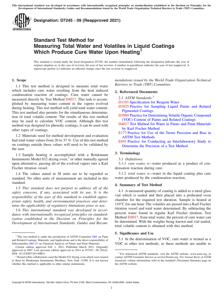 ASTM D7245-09(2021) - Standard Test Method for Measuring Total Water and Volatiles in Liquid Coatings Which   Produce       Cure   Water Upon Heating