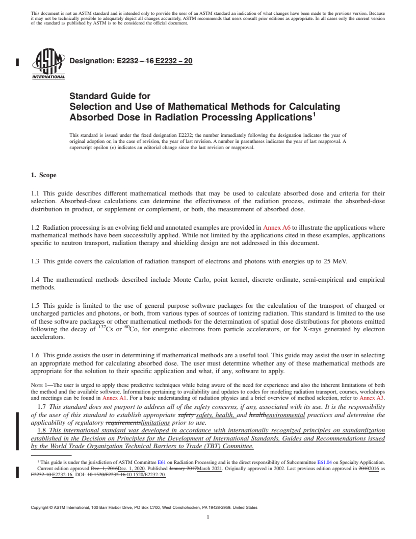 REDLINE ASTM E2232-20 - Standard Guide for  Selection and Use of Mathematical Methods for Calculating Absorbed  Dose in Radiation Processing Applications