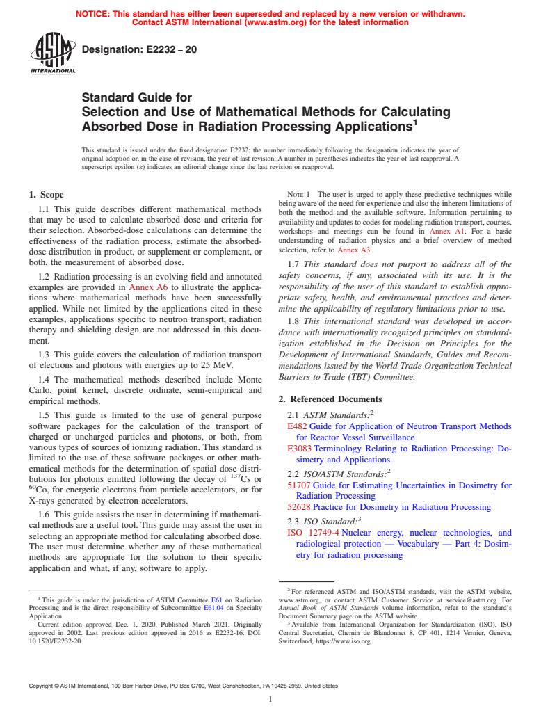 ASTM E2232-20 - Standard Guide for  Selection and Use of Mathematical Methods for Calculating Absorbed  Dose in Radiation Processing Applications