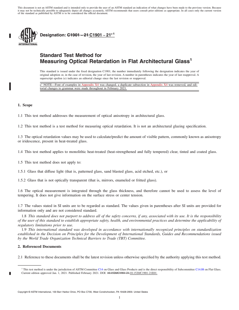 REDLINE ASTM C1901-21e1 - Standard Test Method for Measuring Optical Retardation in Flat Architectural Glass