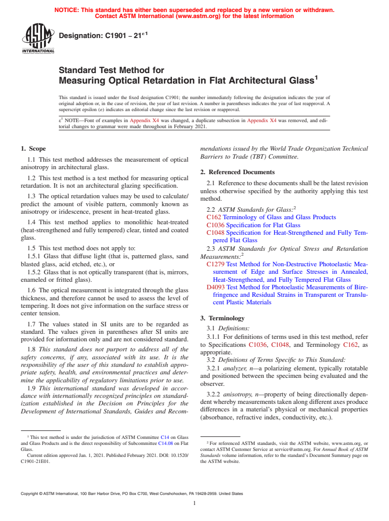 ASTM C1901-21e1 - Standard Test Method for Measuring Optical Retardation in Flat Architectural Glass