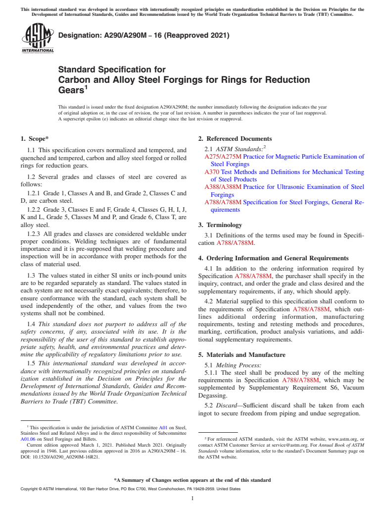 ASTM A290/A290M-16(2021) - Standard Specification for Carbon and Alloy Steel Forgings for Rings for Reduction Gears