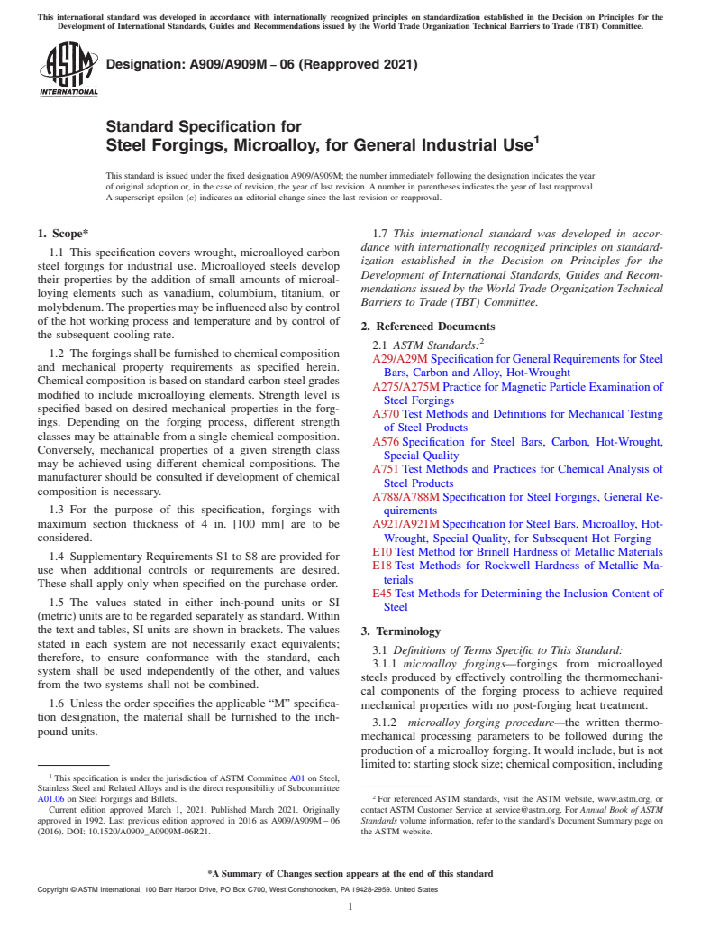 ASTM A909/A909M-06(2021) - Standard Specification for Steel Forgings, Microalloy, for General Industrial Use