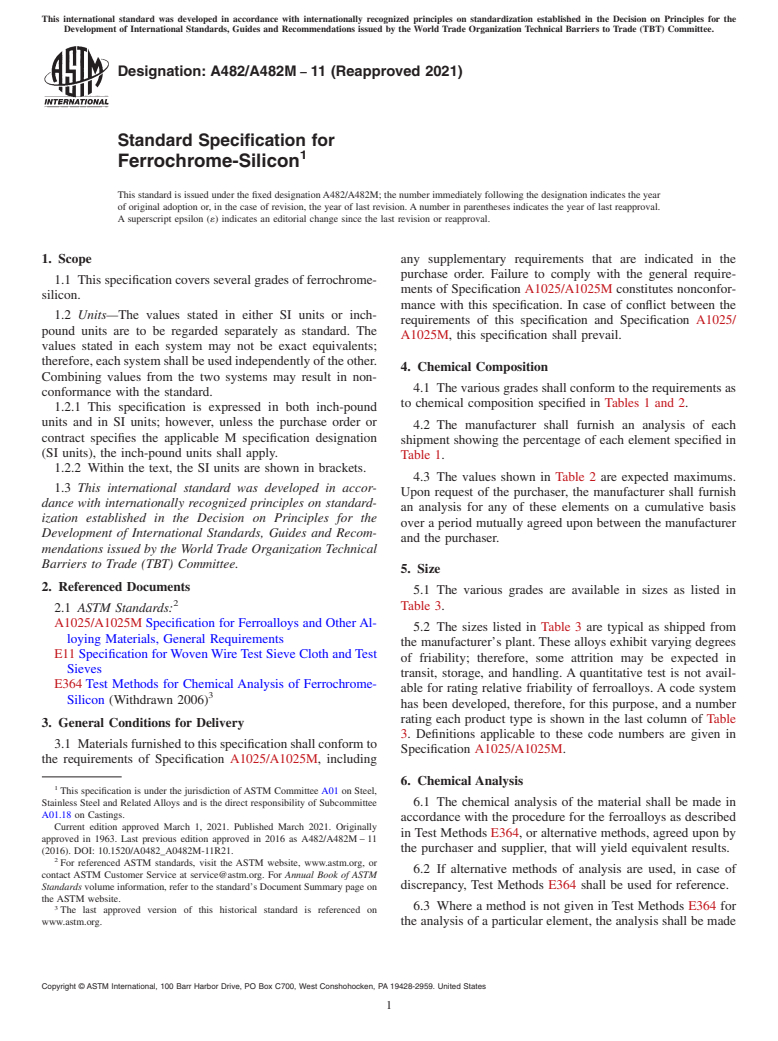 ASTM A482/A482M-11(2021) - Standard Specification for Ferrochrome-Silicon