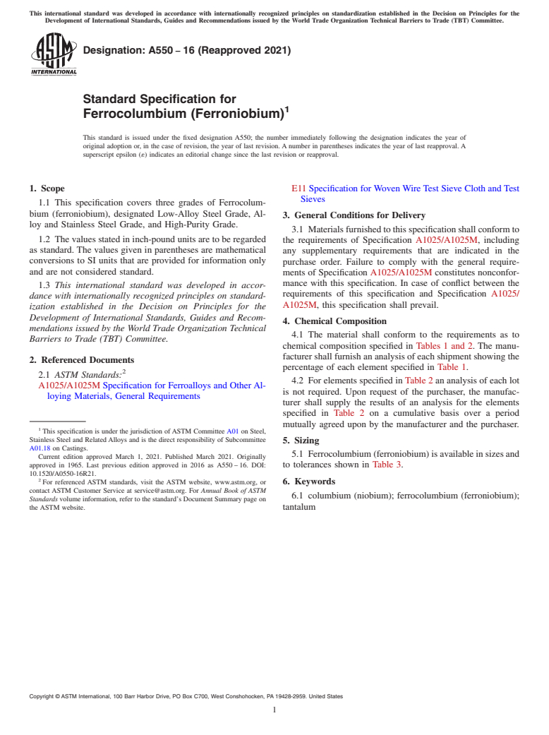 ASTM A550-16(2021) - Standard Specification for Ferrocolumbium (Ferroniobium)