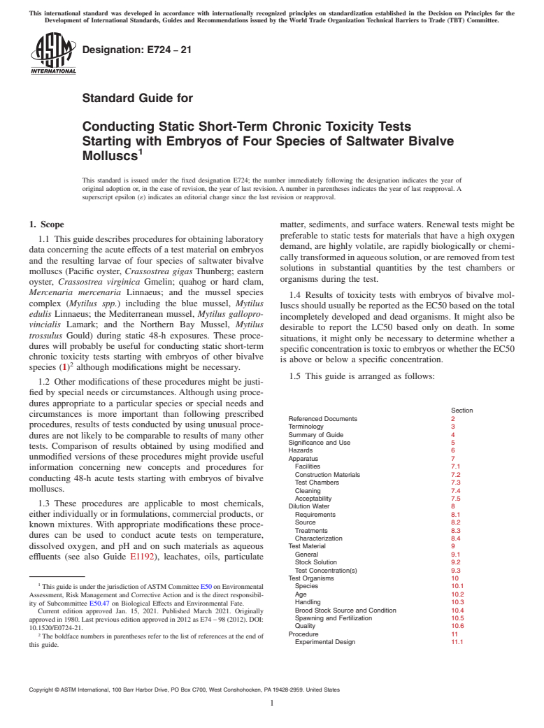 ASTM E724-21 - Standard Guide for<brk type="line"/>  Conducting Static Short-Term Chronic Toxicity Tests Starting  with Embryos of Four Species of Saltwater Bivalve Molluscs