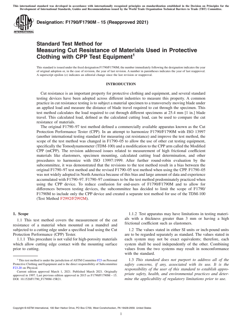 ASTM F1790/F1790M-15(2021) - Standard Test Method for Measuring Cut Resistance of Materials Used in Protective Clothing  with CPP Test Equipment