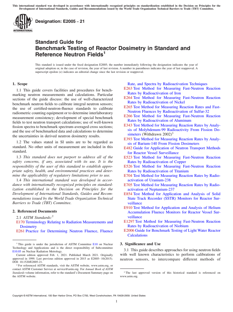 ASTM E2005-21 - Standard Guide for  Benchmark Testing of Reactor Dosimetry in Standard and Reference  Neutron Fields
