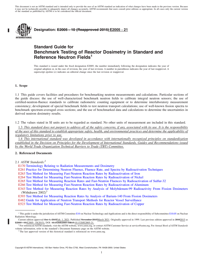 REDLINE ASTM E2005-21 - Standard Guide for  Benchmark Testing of Reactor Dosimetry in Standard and Reference  Neutron Fields