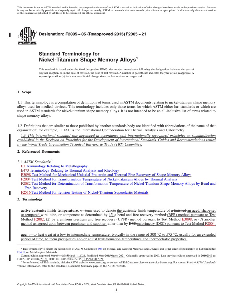 REDLINE ASTM F2005-21 - Standard Terminology for Nickel-Titanium Shape Memory Alloys