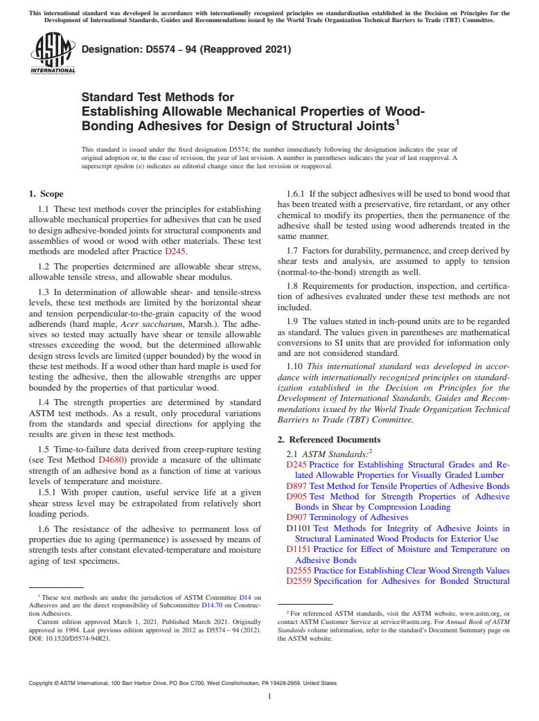 ASTM D5574-94(2021) - Standard Test Methods for Establishing Allowable Mechanical Properties of Wood-Bonding  Adhesives for Design of Structural Joints