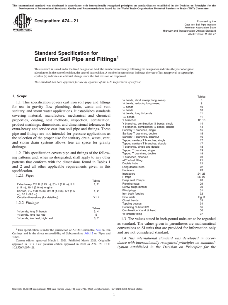 ASTM A74-21 - Standard Specification for Cast Iron Soil Pipe and Fittings