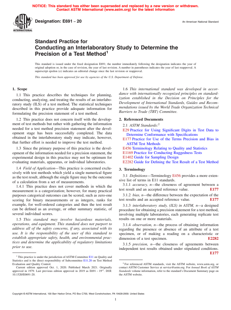 ASTM E691-20 - Standard Practice for  Conducting an Interlaboratory Study to Determine the Precision  of a Test Method