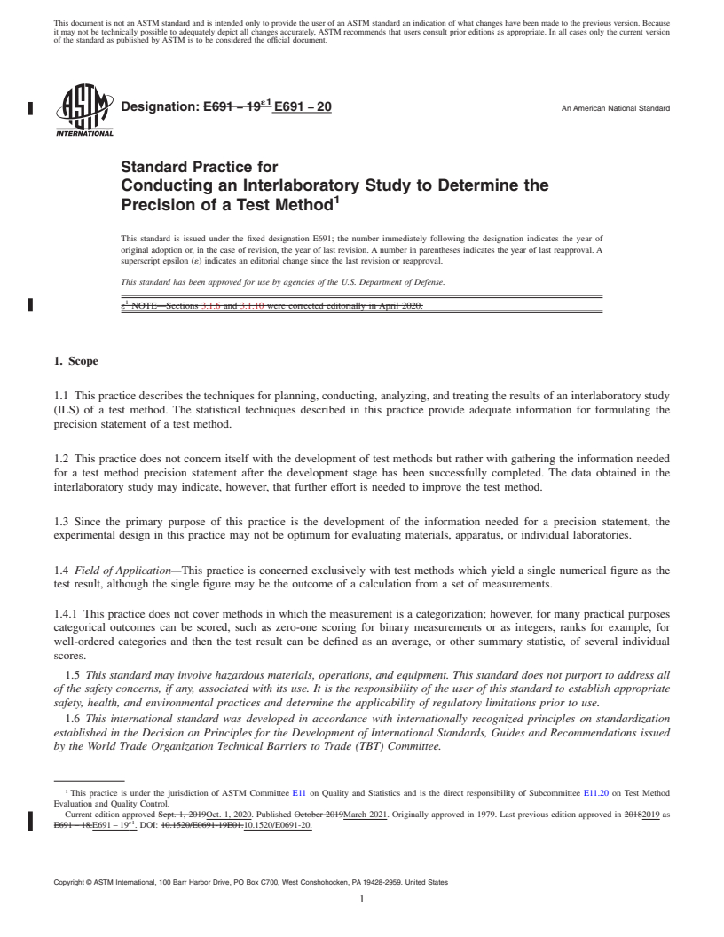 REDLINE ASTM E691-20 - Standard Practice for  Conducting an Interlaboratory Study to Determine the Precision  of a Test Method