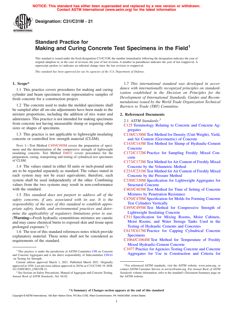 ASTM C31/C31M-21 - Standard Practice for Making and Curing Concrete Test Specimens in the Field