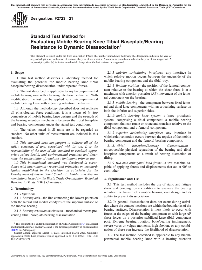 ASTM F2723-21 - Standard Test Method for Evaluating Mobile Bearing Knee Tibial Baseplate/Bearing Resistance  to Dynamic Disassociation