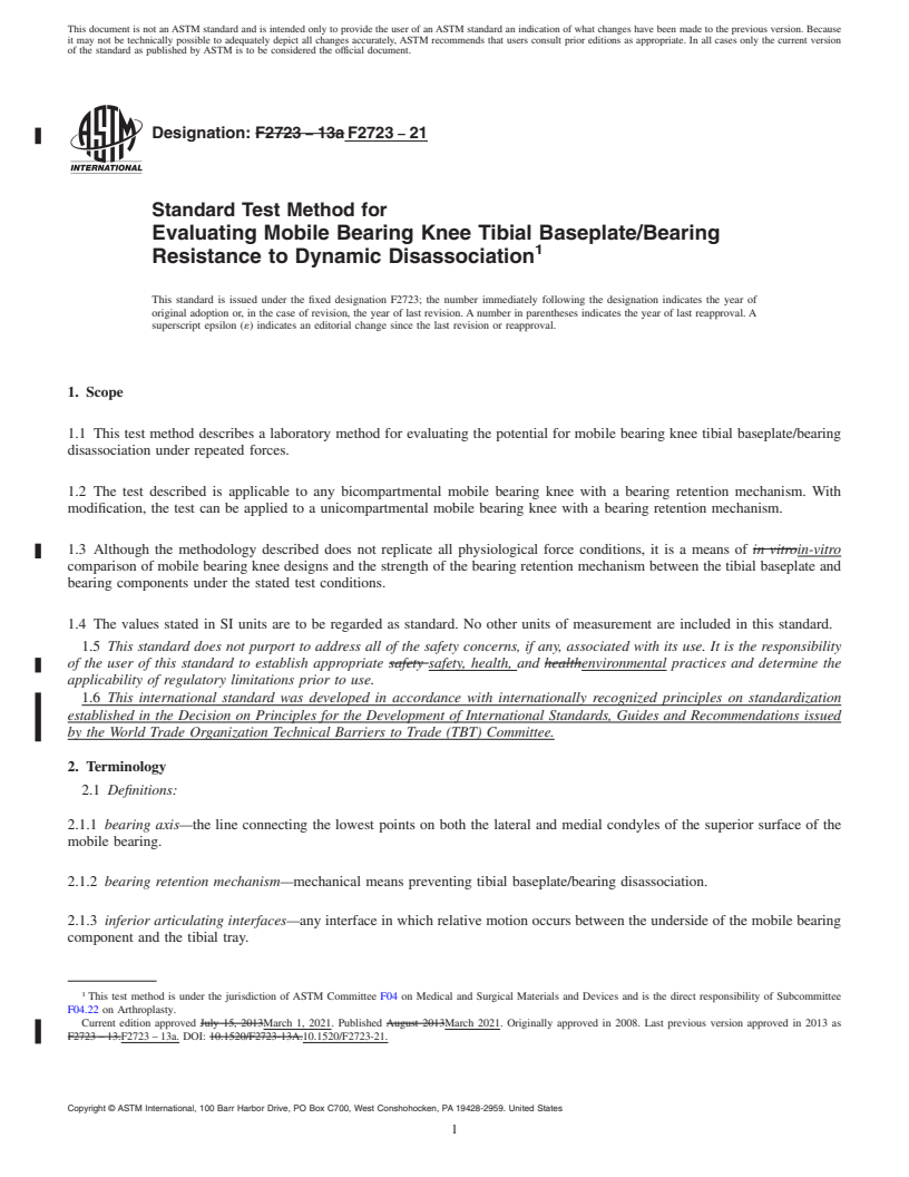 REDLINE ASTM F2723-21 - Standard Test Method for Evaluating Mobile Bearing Knee Tibial Baseplate/Bearing Resistance  to Dynamic Disassociation