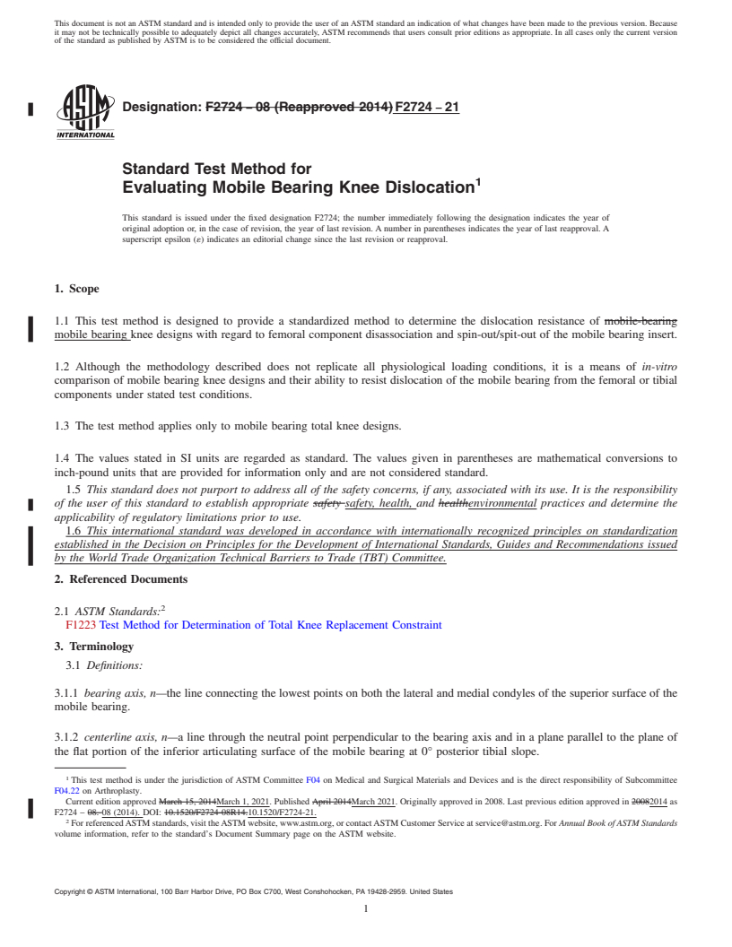 REDLINE ASTM F2724-21 - Standard Test Method for Evaluating Mobile Bearing Knee Dislocation