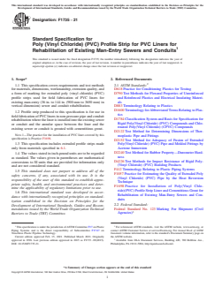 ASTM F1735-21 ASTM F1735-21 - Standard Specification for Poly (Vinyl Chloride) (PVC) Profile Strip for PVC Liners for Rehabilitation of Existing Man-Entry Sewers and Conduits - Page 1 preview