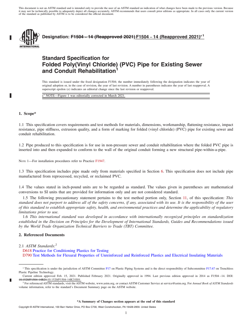 REDLINE ASTM F1504-14(2021)e1 - Standard Specification for  Folded Poly(Vinyl Chloride) (PVC) Pipe for Existing Sewer and   Conduit Rehabilitation