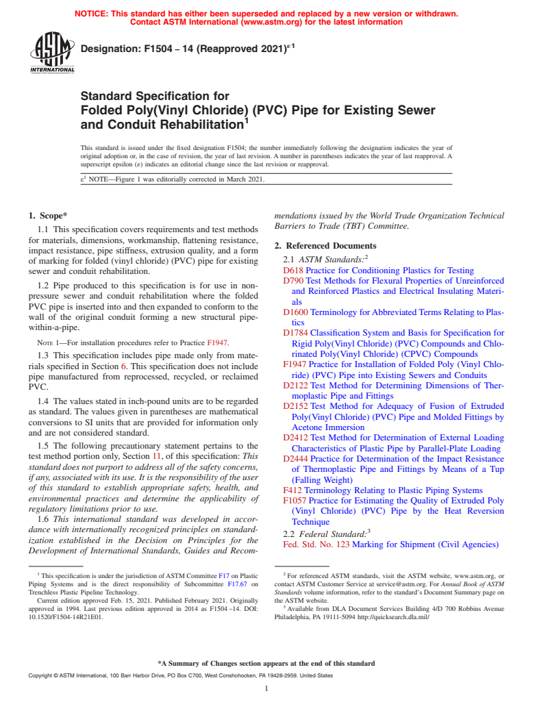 ASTM F1504-14(2021)e1 - Standard Specification for  Folded Poly(Vinyl Chloride) (PVC) Pipe for Existing Sewer and   Conduit Rehabilitation