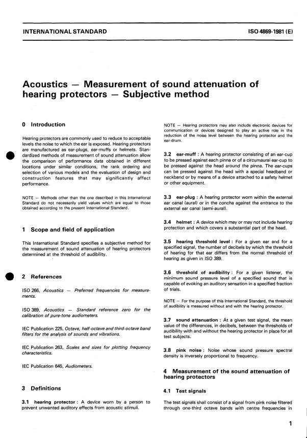 ISO 4869:1981 - Acoustics -- Measurement of sound attenuation of hearing protectors -- Subjective method
