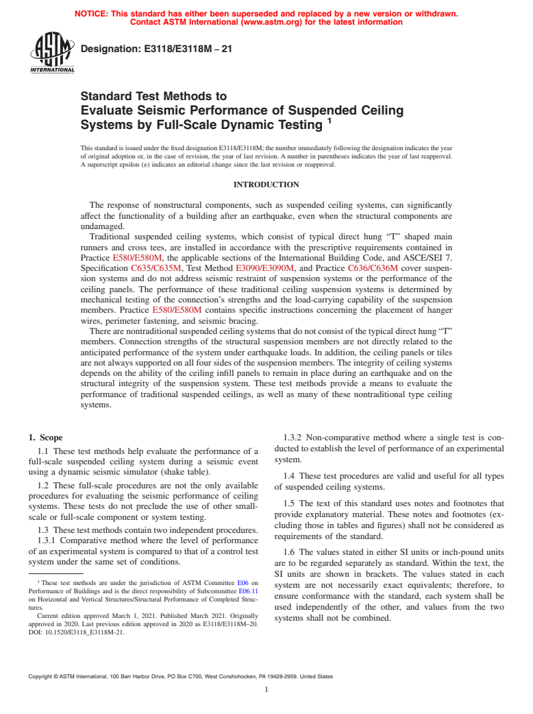 ASTM E3118/E3118M-21 - Standard Test Methods to Evaluate Seismic Performance of Suspended Ceiling Systems by  Full-Scale Dynamic Testing