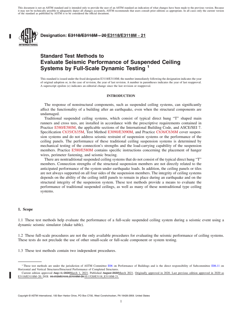 REDLINE ASTM E3118/E3118M-21 - Standard Test Methods to Evaluate Seismic Performance of Suspended Ceiling Systems by  Full-Scale Dynamic Testing