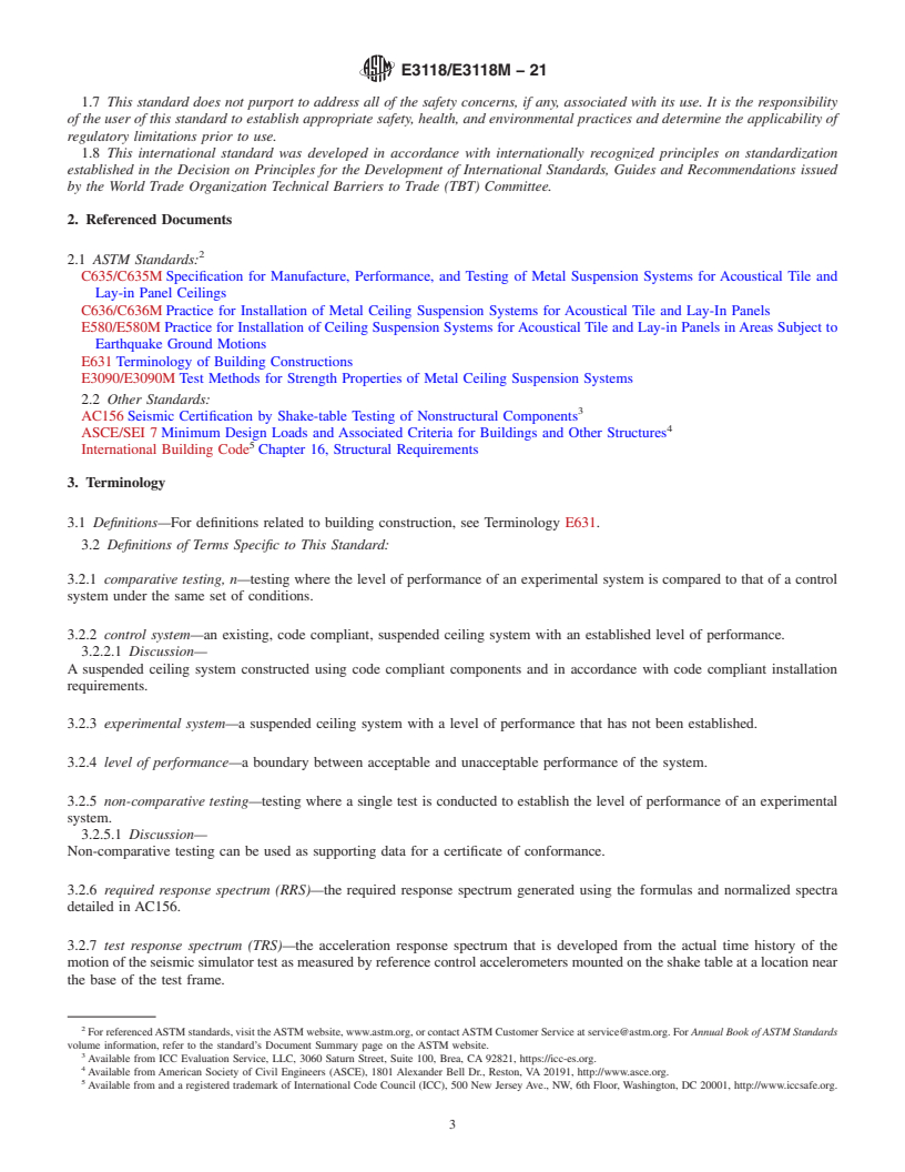 REDLINE ASTM E3118/E3118M-21 - Standard Test Methods to Evaluate Seismic Performance of Suspended Ceiling Systems by  Full-Scale Dynamic Testing