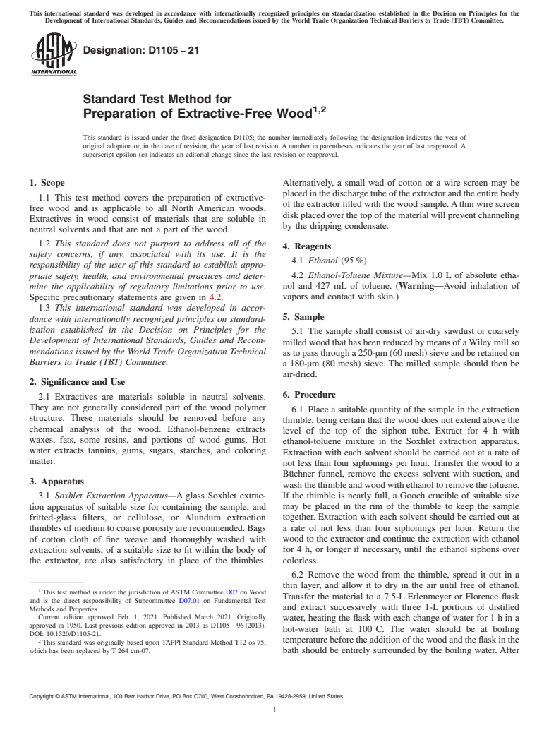 ASTM D1105-21 - Standard Test Method for  Preparation of Extractive-Free Wood