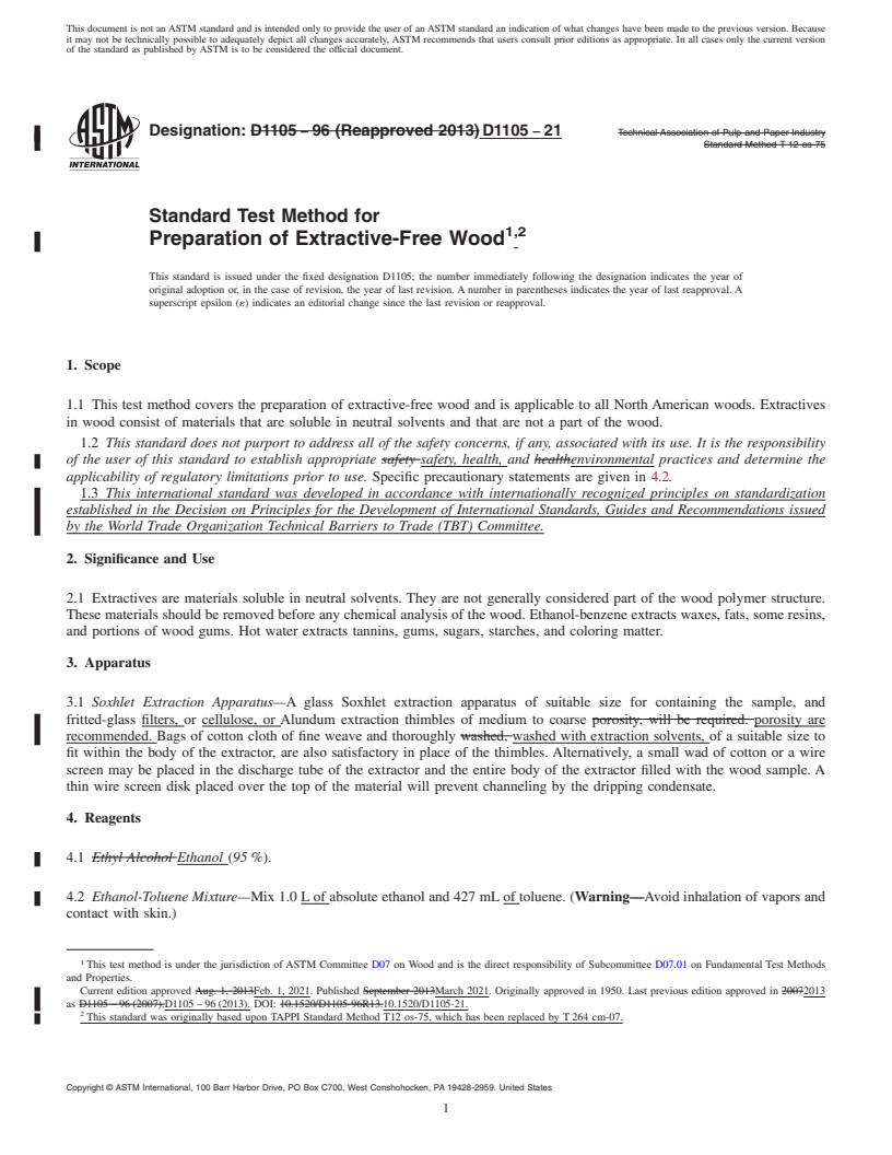 REDLINE ASTM D1105-21 - Standard Test Method for  Preparation of Extractive-Free Wood