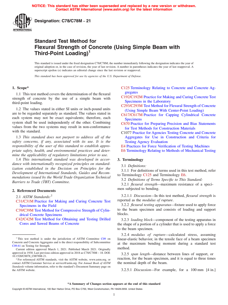 ASTM C78/C78M-21 - Standard Test Method for  Flexural Strength of Concrete (Using Simple Beam with Third-Point  Loading)