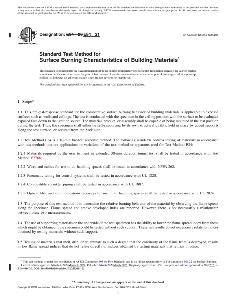 REDLINE ASTM E84-21 - Standard Test Method for  Surface Burning Characteristics of Building Materials